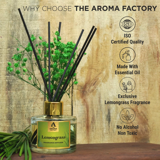 The Aroma Factory Fragrance Diffuser Set with Fibre Reed Sticks, Real Flowers, 100 ml (3.4 Oz) Aroma Oil (Lemongrass, 1 Box)