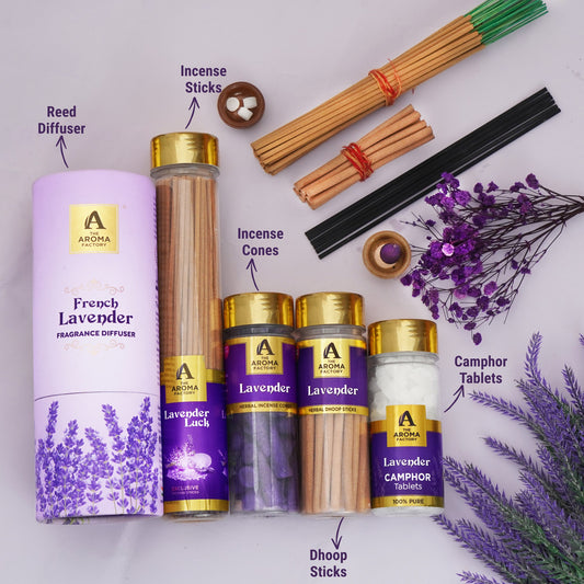 The Aroma Factory Lavender Serenity Set, Complete Aroma Collection of Agarbatti, Dhoop Batti, Dhoop Cone, Camphor Tablet & Reed Diffuser, Combo of 5