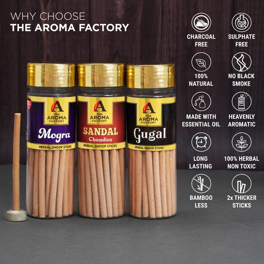 The Aroma Factory Organic Mogra , Sandal & Gugal Dhoop Batti Sticks for Pooja with dhup Incense Holder Stand,Best for Long Lasting Fragrances (Pack of 3x100g)
