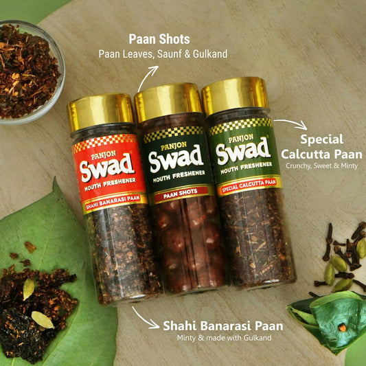Panjon Swad Pan Mukhwas Combo (Banarasi, Shahi Meetha Paan, Calcutta Paan) Mouthfresheners, 3 bottles, 330g