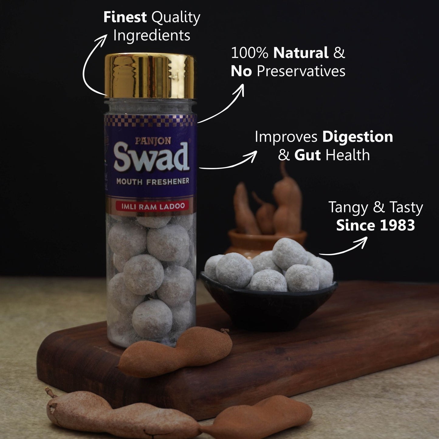 Swad Mouth Fresheners (Anardana Goli, Jeera Goli, Khatta Meetha Aam, Imli Pop Ram Ladoo, Hing Peda Mukhwas) 5 Bottles, 765g