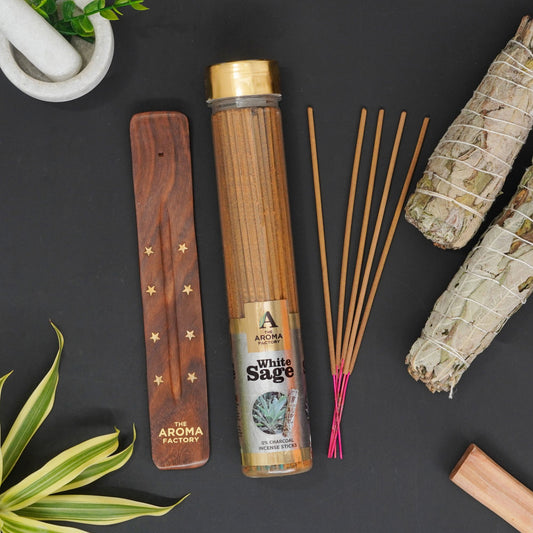 The Aroma Factory White Sage Incense Stick Agarbatti (0% Charcoal 0% Sulphates) Herbal Smudge Agarbatti Bottle Pack, 100G