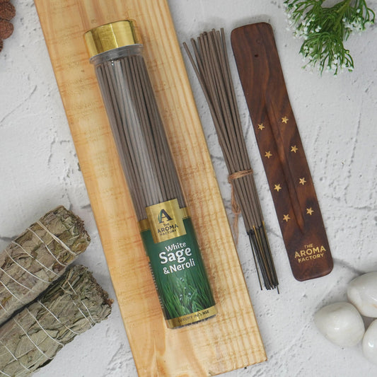 The Aroma Factory White Sage & Neroli Incense Stick (0% Charcoal 0% Sulphates) Smudge Sage Agarbatti Bottle Pack, 100G