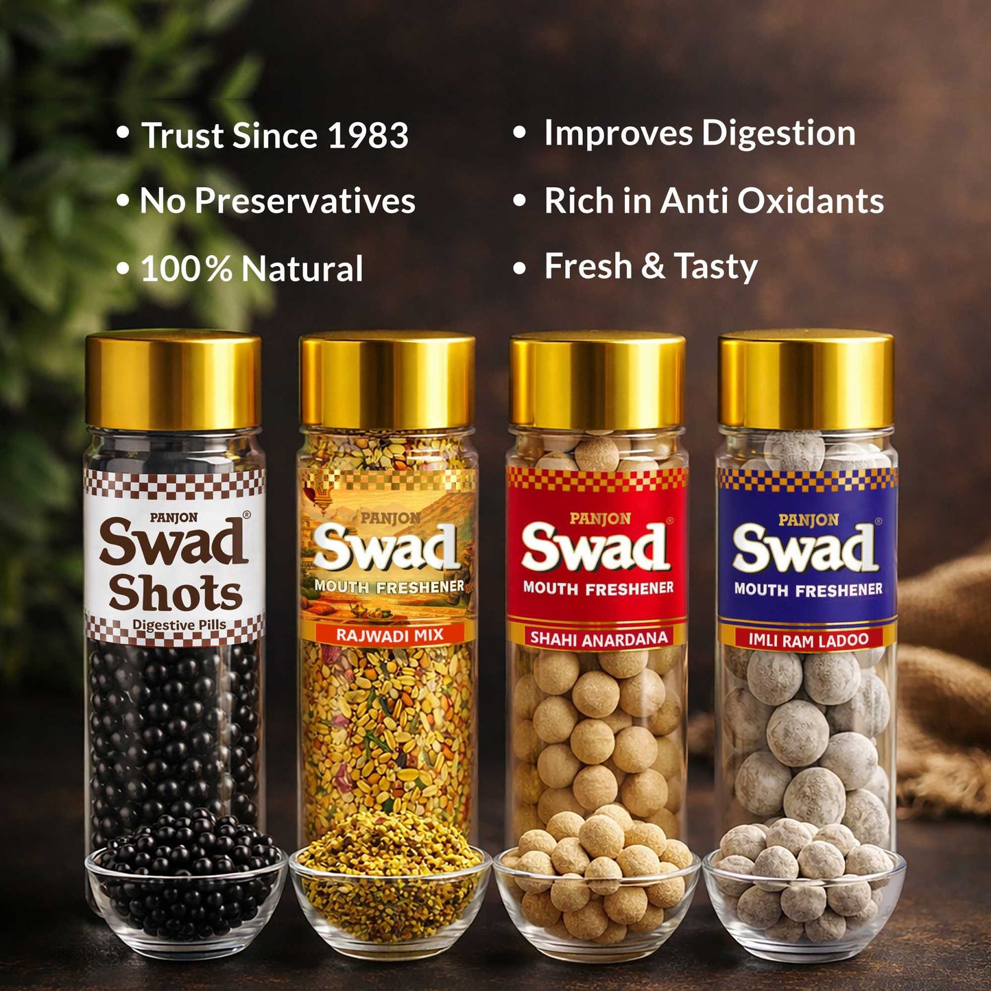 Panjon Swad Mouth Fresheners Digestive Shots, Rajwadi Mukhwas, Anardana Goli, Imli Laddoo, 4 bottle,