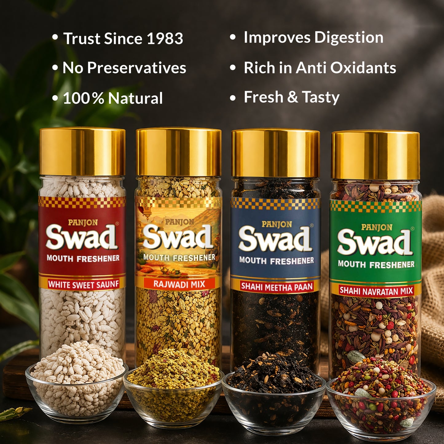 Swad Mouth Freshener White Sweet Saunf, Rajwadi Mix, Shahi Meetha Paan, Navaratan Mukhwas, 4 bottle