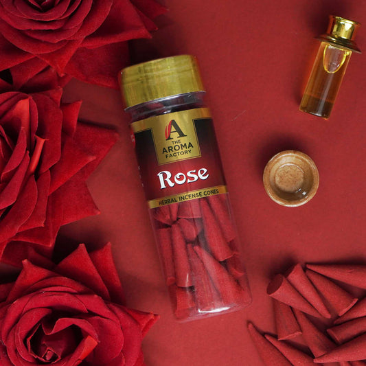 The Aroma Factory Rose Incense Cone (0% Charcoal 0% Suphates Herbal Dhoop) Free Holder Bottle Pack, 30 Cones