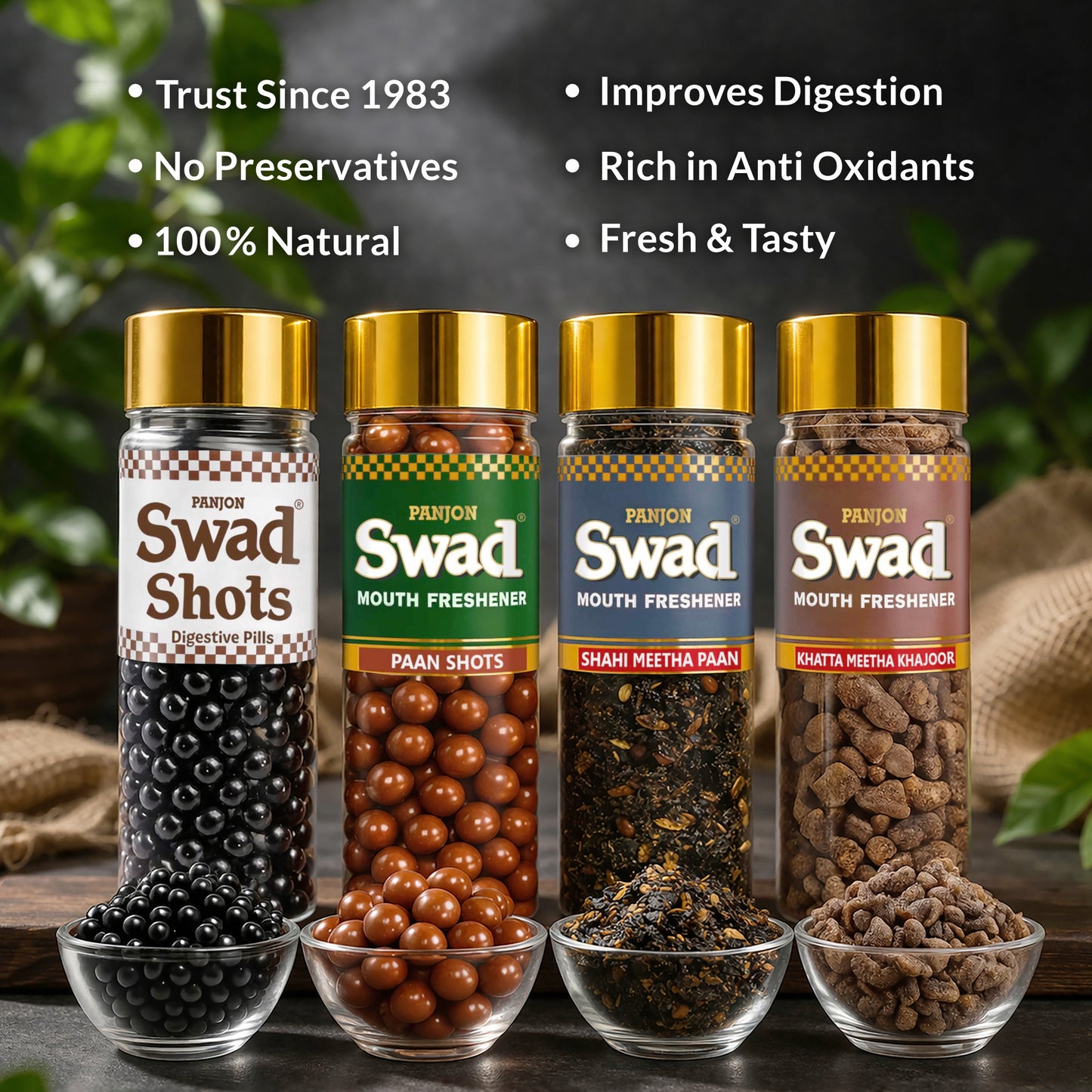 Swad Mouth Freshener Combo Digestive Shot, Paan Shots, Shahi Meetha Paan Mukhwas & Khajoor, 4 bottle