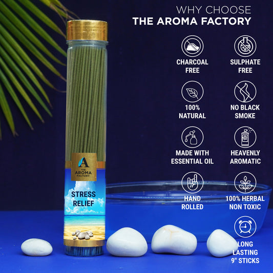 The Aroma Factory Stress Relief Incense Stick Agarbatti (0% Charcoal 0% Sulphates) Organic & Herbal Agarbatti Bottle Pack, 100G