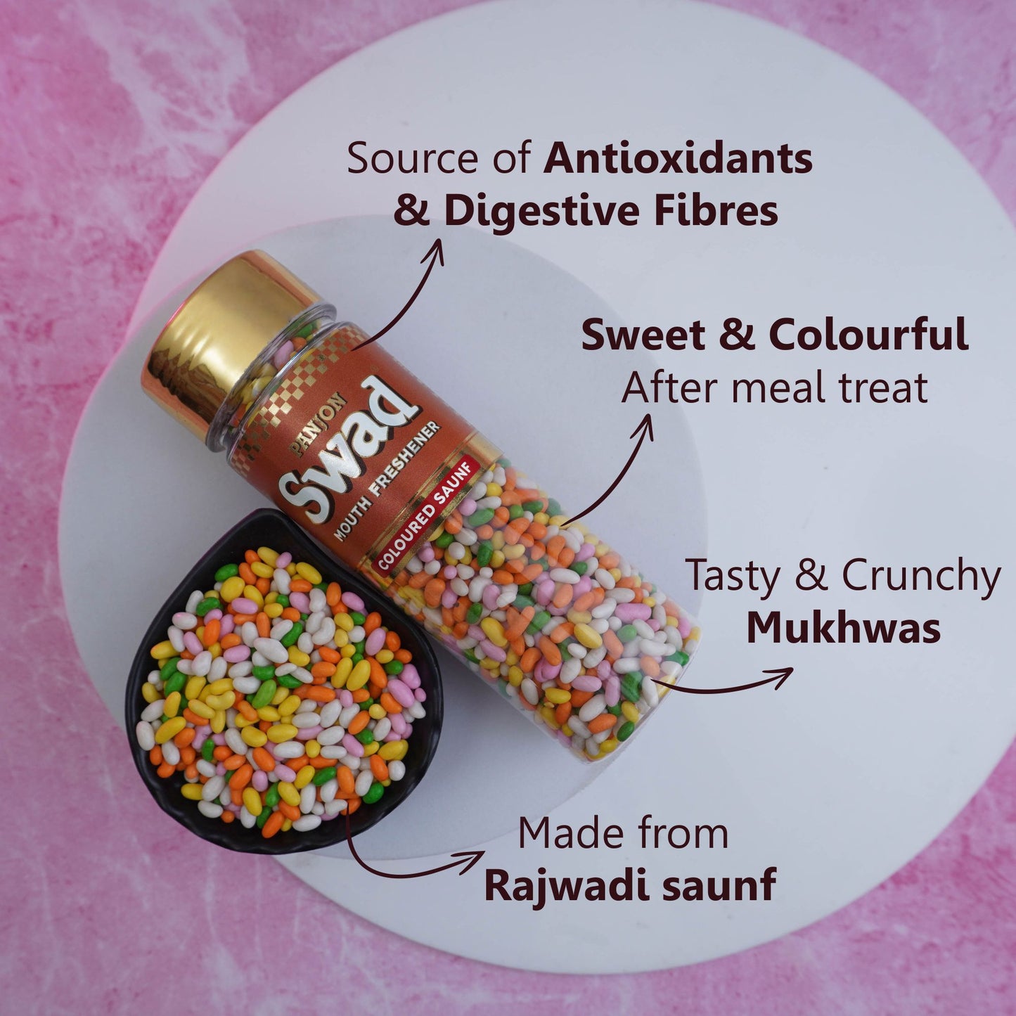 Swad Coloured Saunf Mouth Freshener (Sugar Coated Fennel Colorful Mukhwas) 1 bottle, 180g