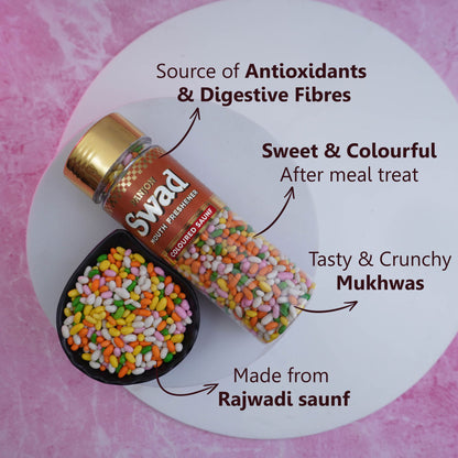Swad Coloured Saunf Mouth Freshener (Sugar Coated Fennel Colorful Mukhwas) 1 bottle, 180g