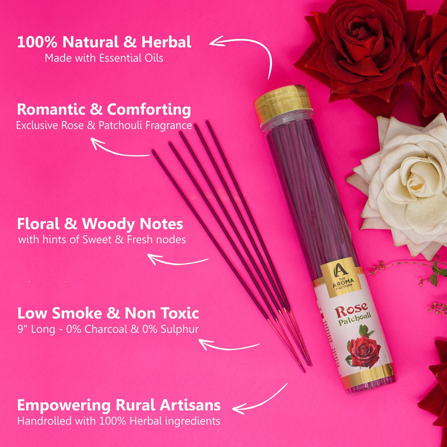 The Aroma Factory Rose & Patchouli Incense Stick (0% Charcoal 0% Sulphates) Organic & Herbal Agarbatti Bottle Pack, 100G