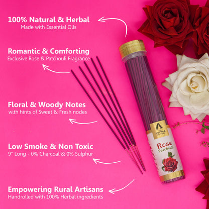 The Aroma Factory Rose & Patchouli Incense Stick (0% Charcoal 0% Sulphates) Organic & Herbal Agarbatti Bottle Pack, 100G