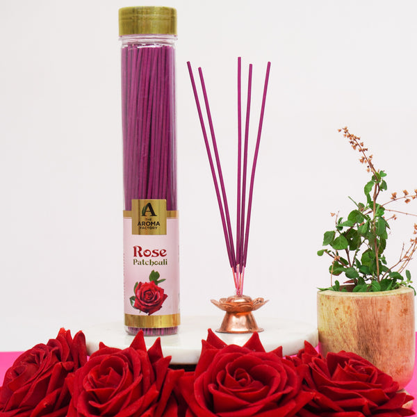 The Aroma Factory Rose & Patchouli Incense Stick (0% Charcoal 0% Sulphates) Organic & Herbal Agarbatti Bottle Pack, 100G