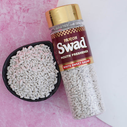 Swad White Sweet Saunf Mouth Freshener (Madrasi Mint Sugar Coated Fennel Mukhwas) 1 Bottle, 120g