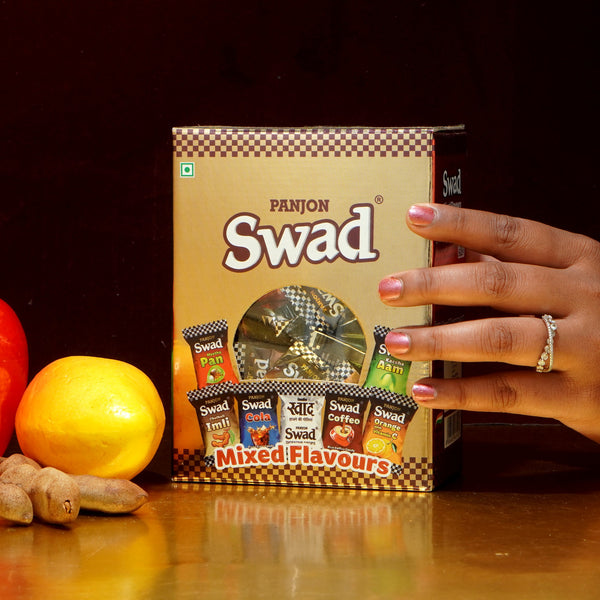 Swad Mixed Flavours Candy Chocolate Gift Box (Original, Kaccha Mango, Imli, Coffee, Cola, Pan, Orange), 125 Toffee Gift Box