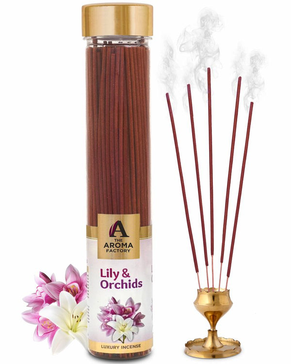 The Aroma Factory Lily & Orchid Incense Stick (0% Charcoal 0% Sulphates) Organic & Herbal Agarbatti Bottle Pack, 100G