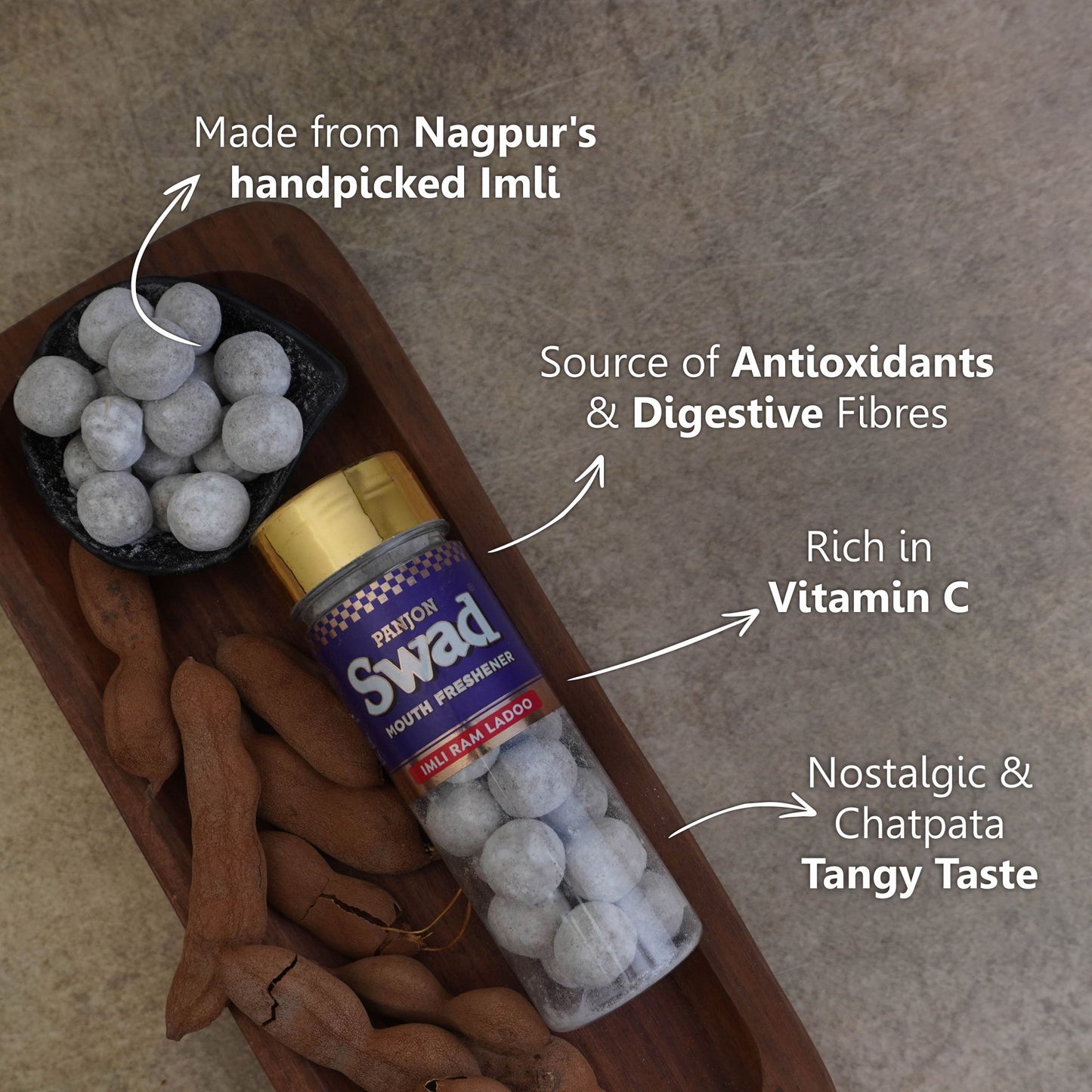 Swad Imli Ram Ladoo Mouth Freshener (Digestive Pachak, Tamarind Imli Pop Mukhwas) 1 bottle, 130g