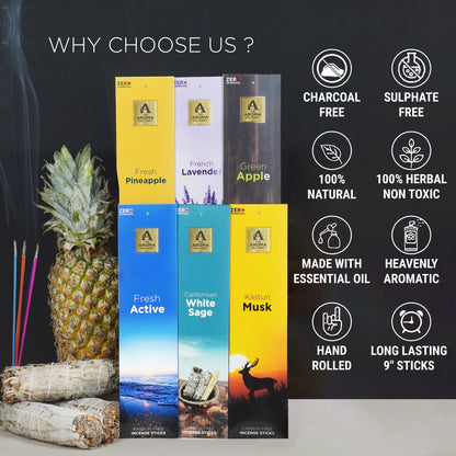 The Aroma Factory Premium Incense Sticks for Pooja | Set of 6 Fragrances Gift Pack (Lavender, Musk, White Sage, Fresh, Apple) 120 Agarbatti (6 x 20 Sticks Each)