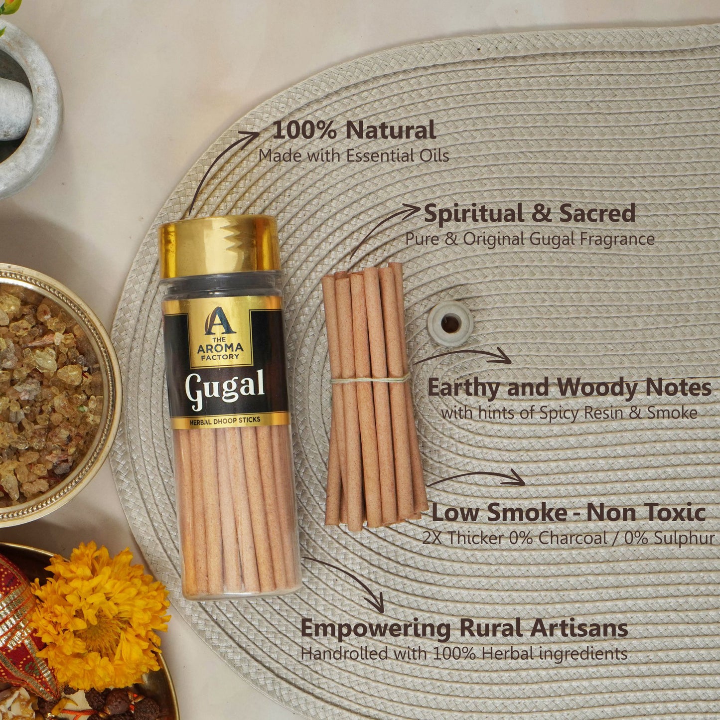 The Aroma Factory Organic  Mogra , Sandal & Gugal  Dhoop Batti Sticks for Pooja with dhup Incense Holder Stand,Best for Long Lasting Fragrances (Pack of 3x100g)