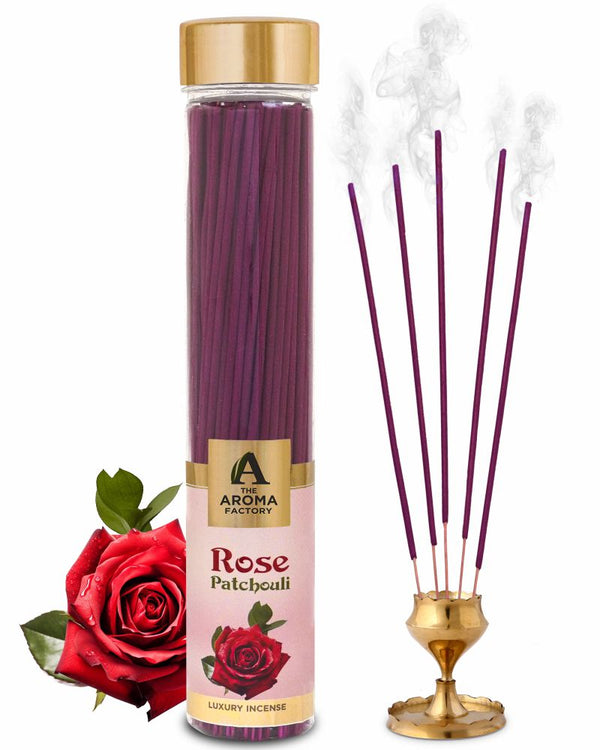 The Aroma Factory Rose & Patchouli Incense Stick (0% Charcoal 0% Sulphates) Organic & Herbal Agarbatti Bottle Pack, 100G