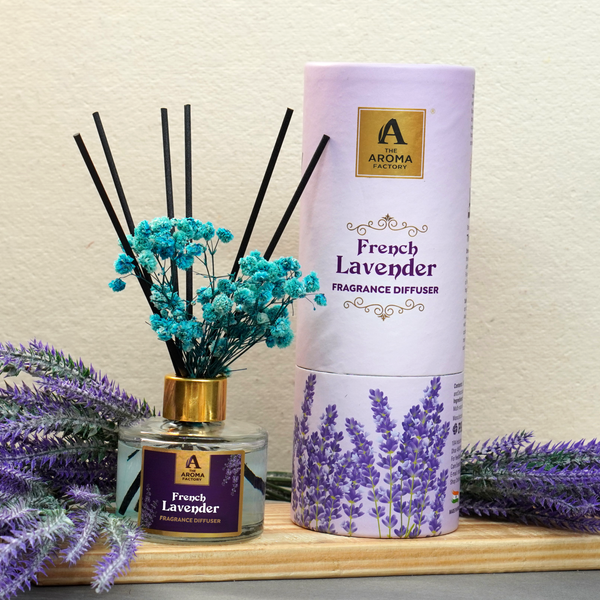 The Aroma Factory Fragrance Diffuser Set with Fibre Reed Sticks, Real Flowers, 100 ml (3.4 Oz) Aroma Oil (Lavender, 1 Box)