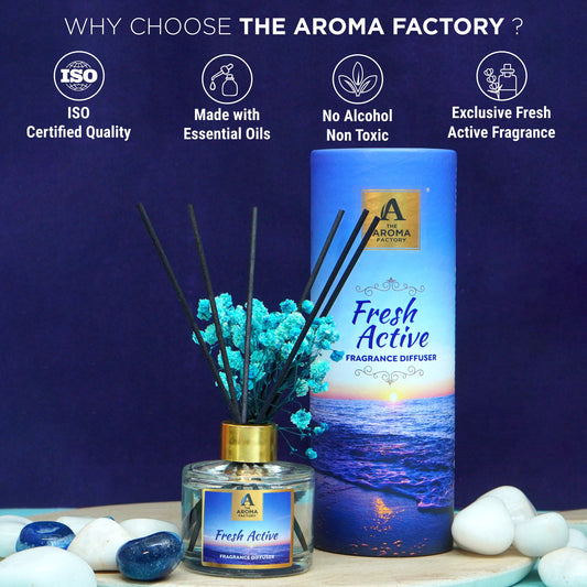 The Aroma Factory Fragrance Diffuser Set with Fibre Reed Sticks, Real Flowers, 100 ml (3.4 Oz) Aroma Oil (Fresh Active, 1 Box)