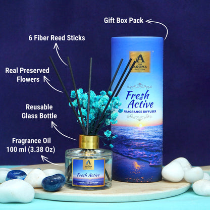 The Aroma Factory Fragrance Diffuser Set with Fibre Reed Sticks, Real Flowers, 100 ml (3.4 Oz) Aroma Oil (Fresh Active, 1 Box)