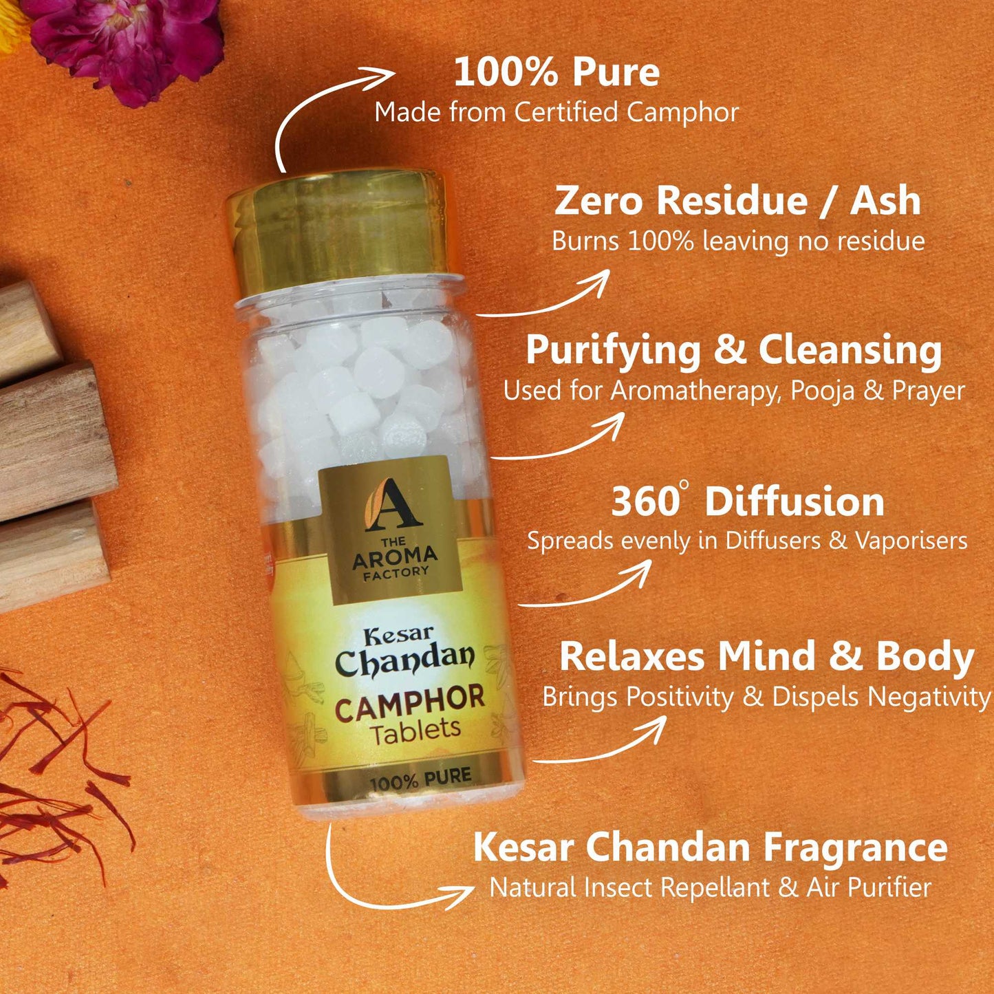 The Aroma Factory Pure Camphor Tablets, Kesar Chandan, Zero Residue Kapoor with Fragrance for Pooja, Aarti Kapur | Bottle Pack of 1 x 80gm