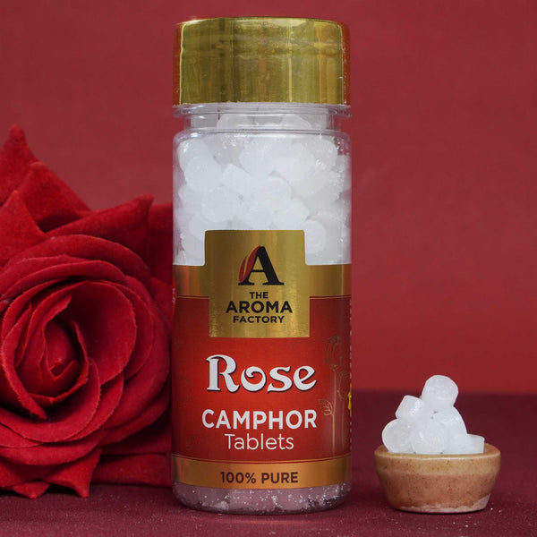 The Aroma Factory Pure Camphor Tablets, Rose, Zero Residue Kapoor with Fragrance for Pooja, Aarti Kapur | Bottle Pack of 1 x 80gm