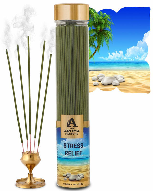 The Aroma Factory Stress Relief Incense Stick Agarbatti (0% Charcoal 0% Sulphates) Organic & Herbal Agarbatti Bottle Pack, 100G