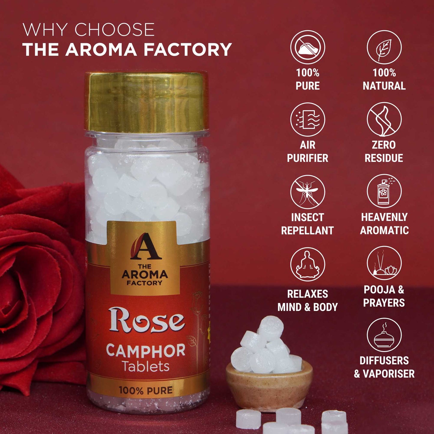 The Aroma Factory Pure Camphor Tablets, Rose, Zero Residue Kapoor with Fragrance for Pooja, Aarti Kapur | Bottle Pack of 1 x 80gm