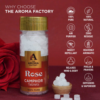 The Aroma Factory Pure Camphor Tablets, Rose, Zero Residue Kapoor with Fragrance for Pooja, Aarti Kapur | Bottle Pack of 1 x 80gm