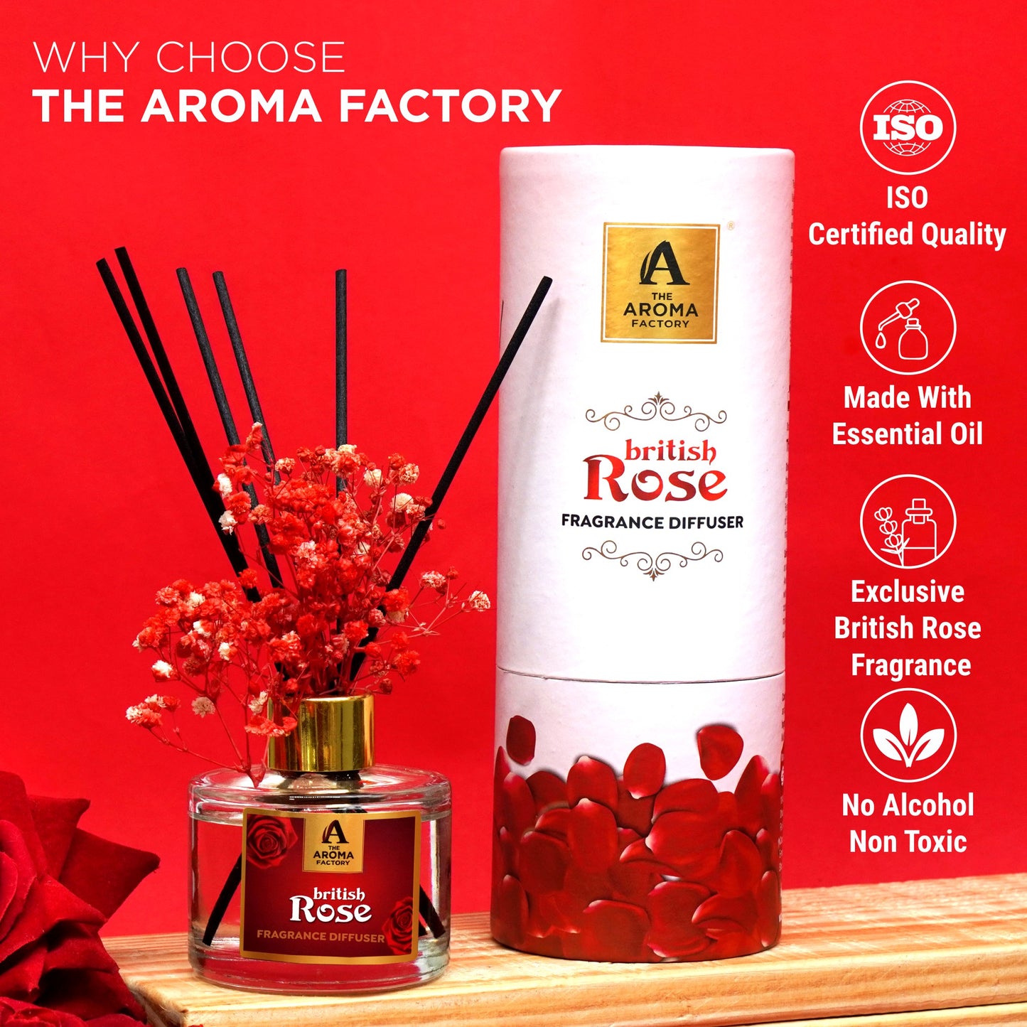 The Aroma Factory Fragrance Diffuser Set with Fibre Reed Sticks, Real Flowers, 100 ml (3.4 Oz) Aroma Oil (Rose, 1 Box)