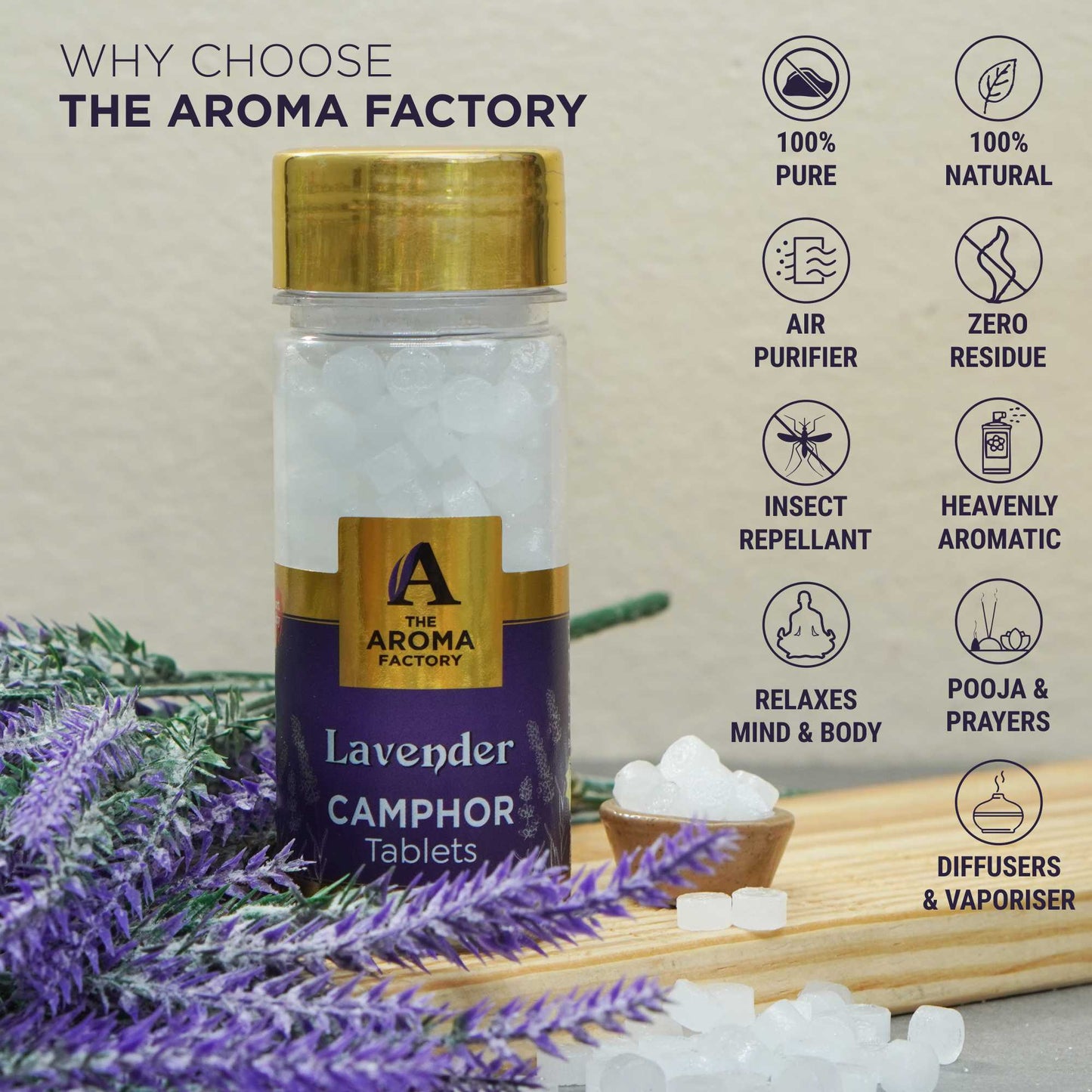 The Aroma Factory Pure Camphor Tablets, Lavender, Zero Residue Kapoor with Fragrance for Pooja, Aarti Kapur | Bottle Pack of 1 x 80gm