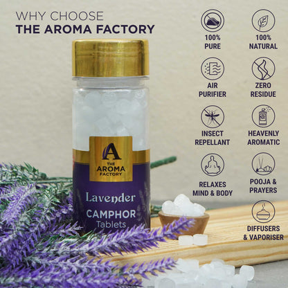 The Aroma Factory Pure Camphor Tablets, Lavender, Zero Residue Kapoor with Fragrance for Pooja, Aarti Kapur | Bottle Pack of 1 x 80gm