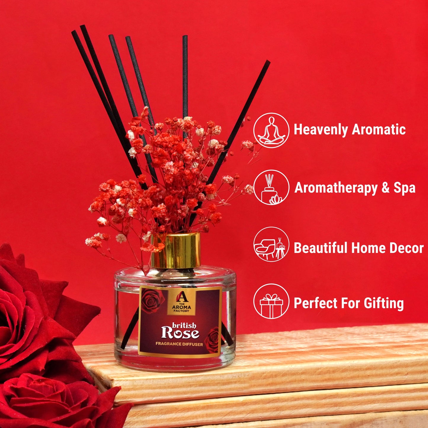 The Aroma Factory Fragrance Diffuser Set with Fibre Reed Sticks, Real Flowers, 100 ml (3.4 Oz) Aroma Oil (Rose, 1 Box)