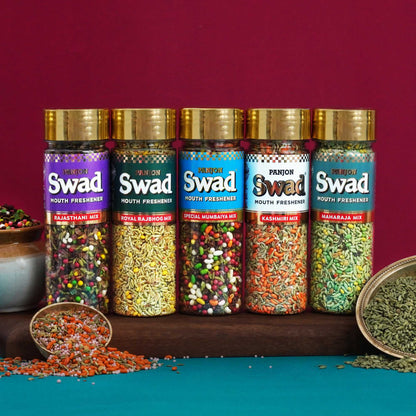 Panjon Swad Mukhwas Mouth Freshener 5 bottles (Rajasthani, Rajbhog, Mumbaiya, Kashmiri, Maharaja Mix) 750g