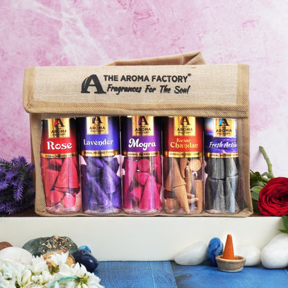 The Aroma Factory Incense Cone Set (Rose, Lavender, Mogra, Kesar Chandan, Fresh Active) Dhoop Cones, Pack of 5 x 30 Cones