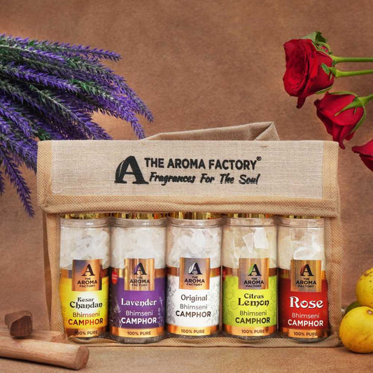The Aroma Factory 100% Pure Bhimseni Camphor Kesar Chandan,Lavender,Original,Citrus Lemon & Rose Fragrances Pack of 5 Bottle
