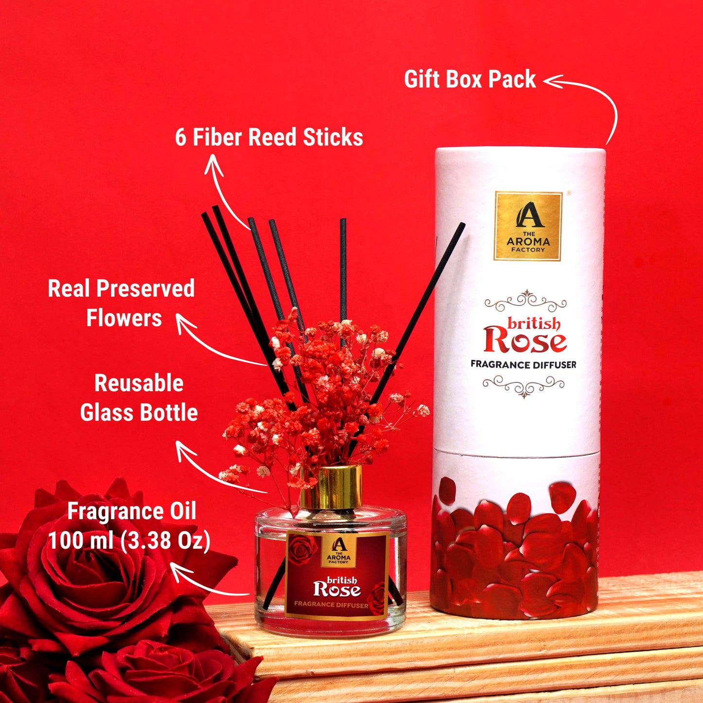 The Aroma Factory Fragrance Diffuser Set with Fibre Reed Sticks, Real Flowers, 100 ml (3.4 Oz) Aroma Oil (Rose, 1 Box)
