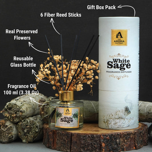 The Aroma Factory Fragrance Diffuser Set with Fibre Reed Sticks, Real Preserved Flowers, 100 ml (3.4 Oz) Aroma Oil (White Sage, 1 Box)