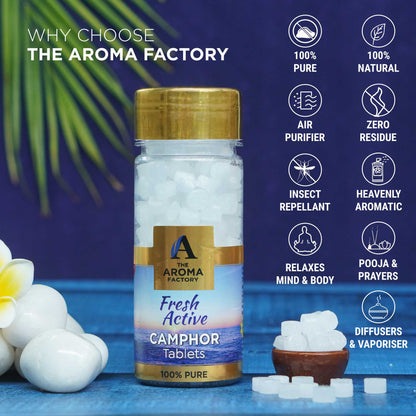 The Aroma Factory Pure Camphor Tablets, Fresh Active, Zero Residue Kapoor with Fragrance for Pooja, Aarti Kapur | Bottle Pack of 1 x 80gm