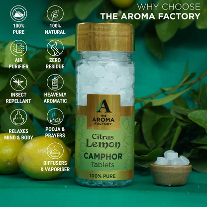 The Aroma Factory Pure Camphor Tablets, Citrus Lemon, Zero Residue Kapoor with Fragrance for Pooja, Aarti Kapur | Bottle Pack of 1 x 80gm