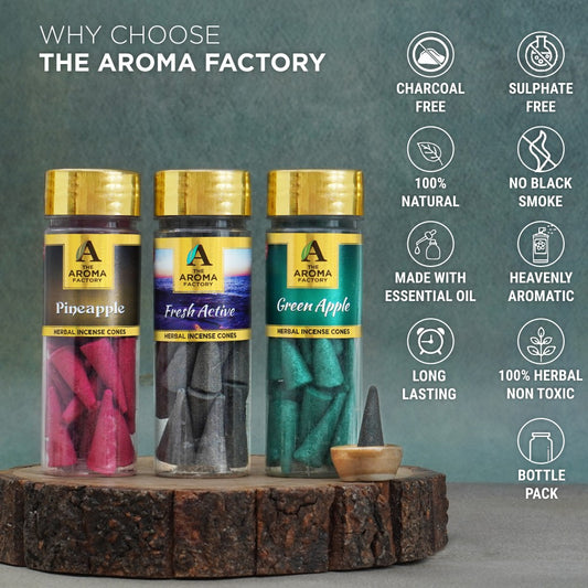 The Aroma Factory Organic Incense Dhoop Cones (Pineapple,  Fresh Active ,Green Apple) No Charcoal | Bambooless | 100% Herbal Fragrance | Assorted Dhoop, 3x 90g