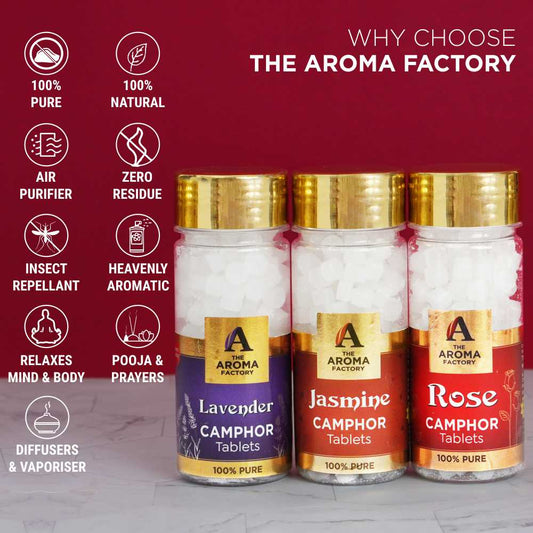 The Aroma Factory 100% Pure Camphor Tablets Lavender,Jasmine & Rose Fragrances Pack of 3 Bottle