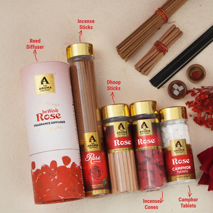 The Aroma Factory Blissful Rose, Complete Fragrance Collection of Agarbatti, Dhoop Batti, Dhoop Cone, Camphor Tablet & Reed Diffuser, Combo of 5