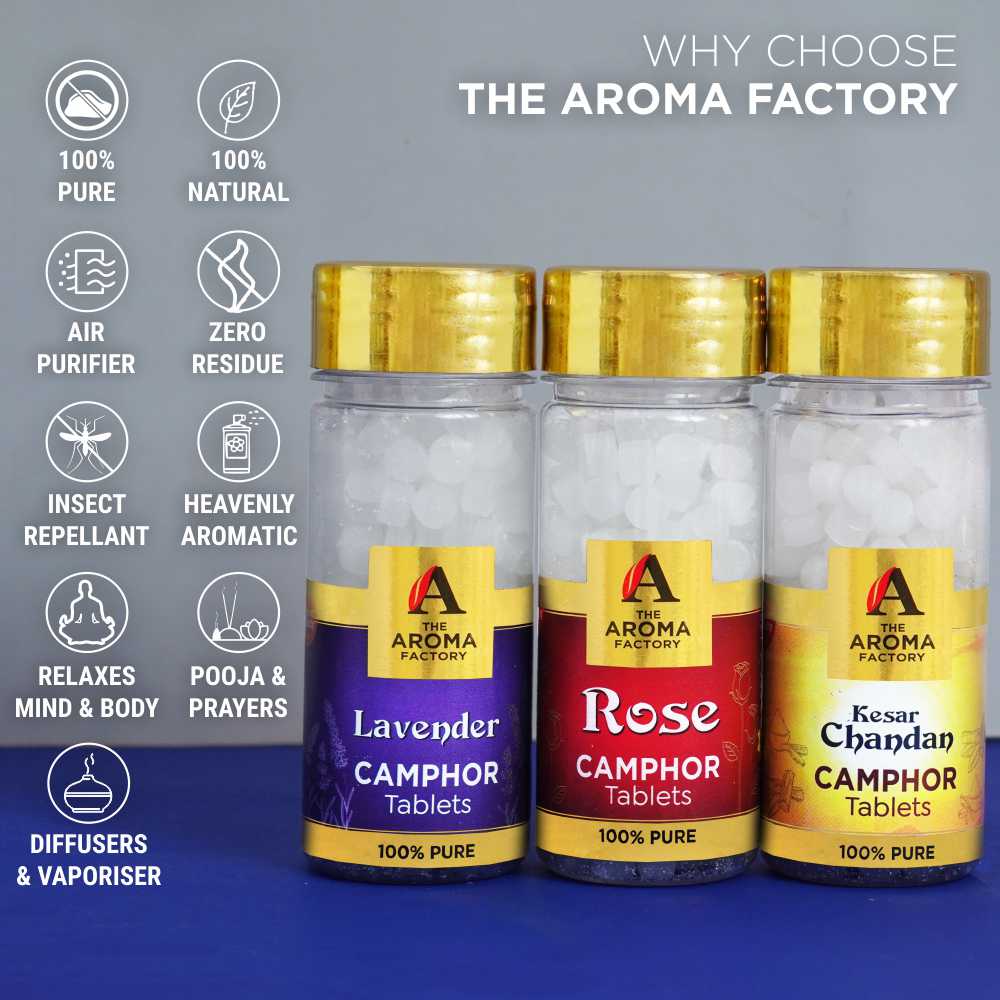 The Aroma Factory 100% Pure Camphor Tablets Lavender,Rose & Kesar Chandan Fragrances Pack of 3 Bottle