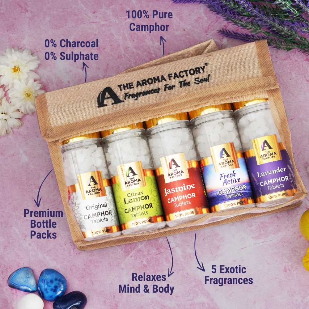 The Aroma Factory 100% Pure Camphor Tablets Original, Citrus Lemon,Jasmine, Fresh Active & Lavender Fragrances Packof 5 Bottle