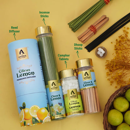 The Aroma Factory Lemon Zest, Complete Fragrance Collection of Agarbatti, Dhoop Batti, & Reed Diffuser, Combo of 4
