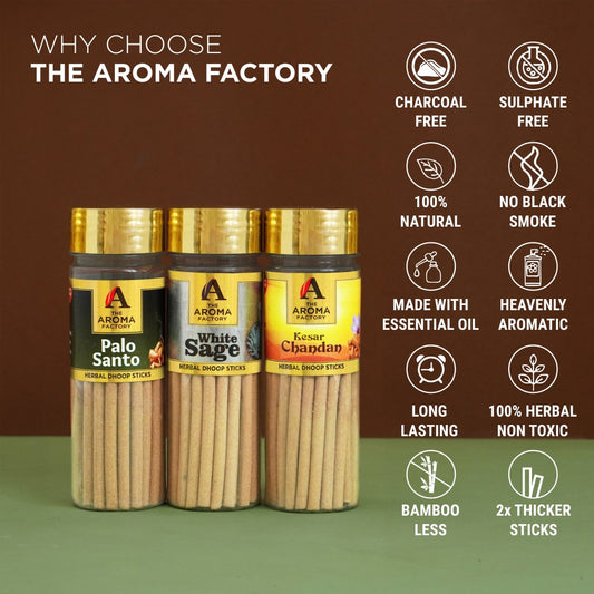 The Aroma Factory Dhoop batti, No Bamboo Herbal Dhoop Sticks with Incense Holder, 3 Bottle x 100g ( Palo Santo, White Sage &  Kesar Chandan )